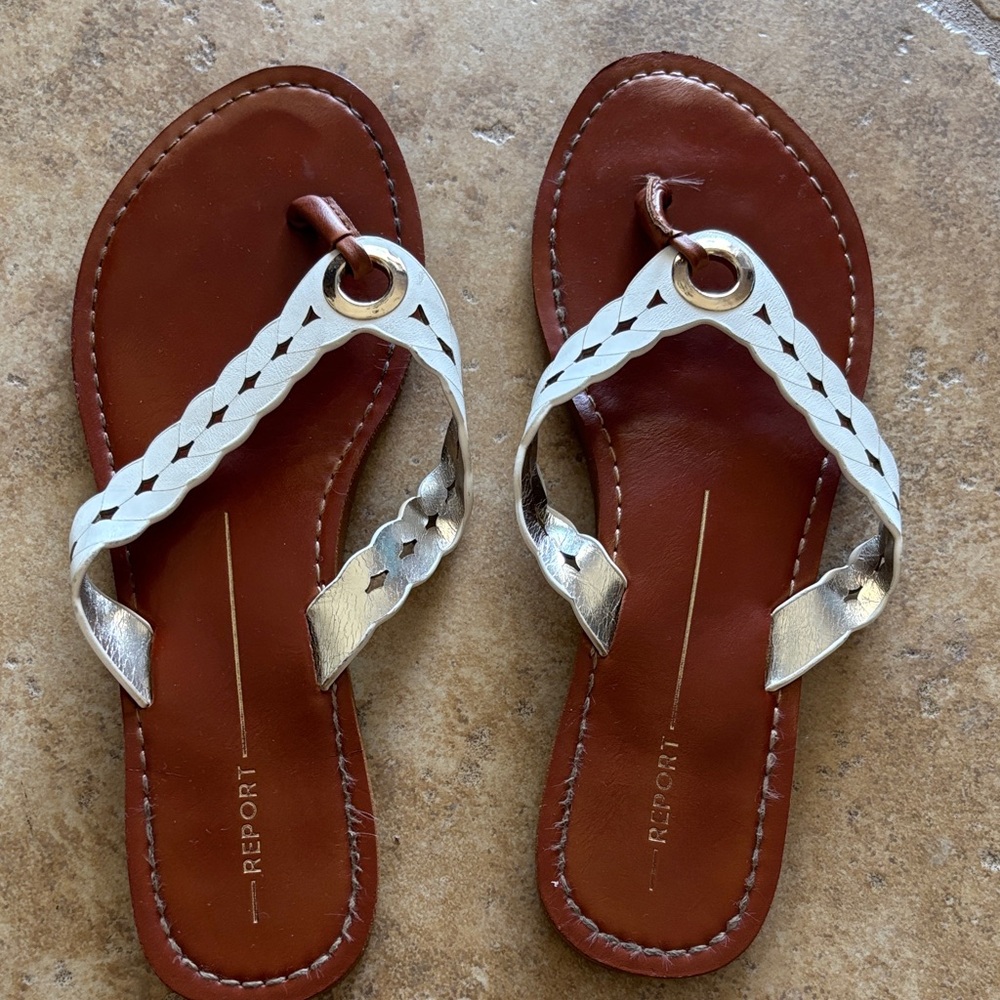 Report Women's White and Gold Sandals. SZ 8 GUC